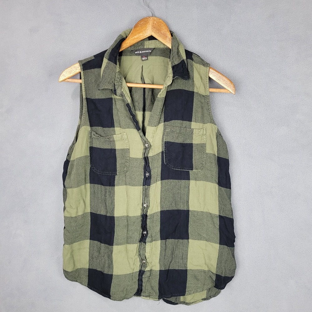 Rock & Republic Shirt Women Large Green Black Buffalo Plaid Sleeveless Button Up